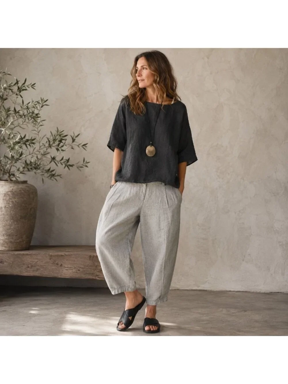 Eileen Fisher XL Tan Linen Barrel Leg Pants Cropped Relaxed Lagenlook Coastal
